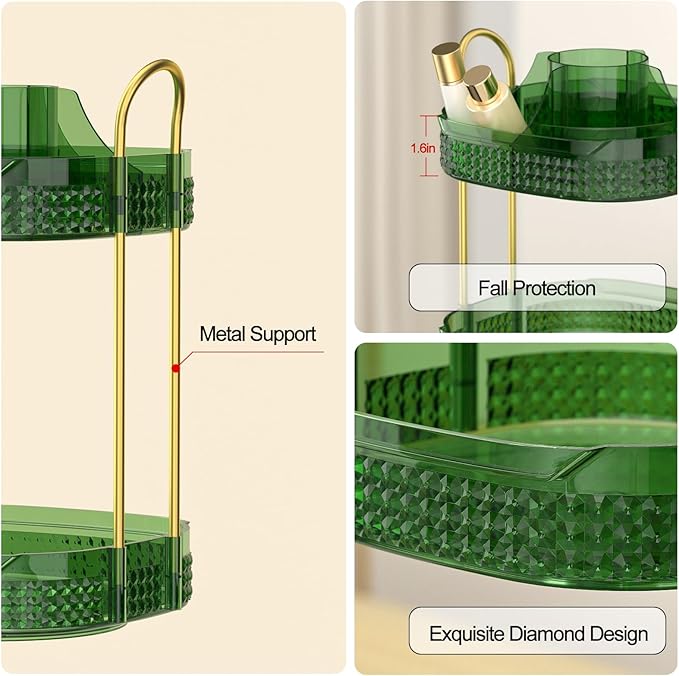 360° Rotating Makeup Organizer 2 Tier, Large Skincare Clear Make Up Storage Spinning Perfume Organizers for Bathroom Counter Dresser, Green-FemmiqueWomen