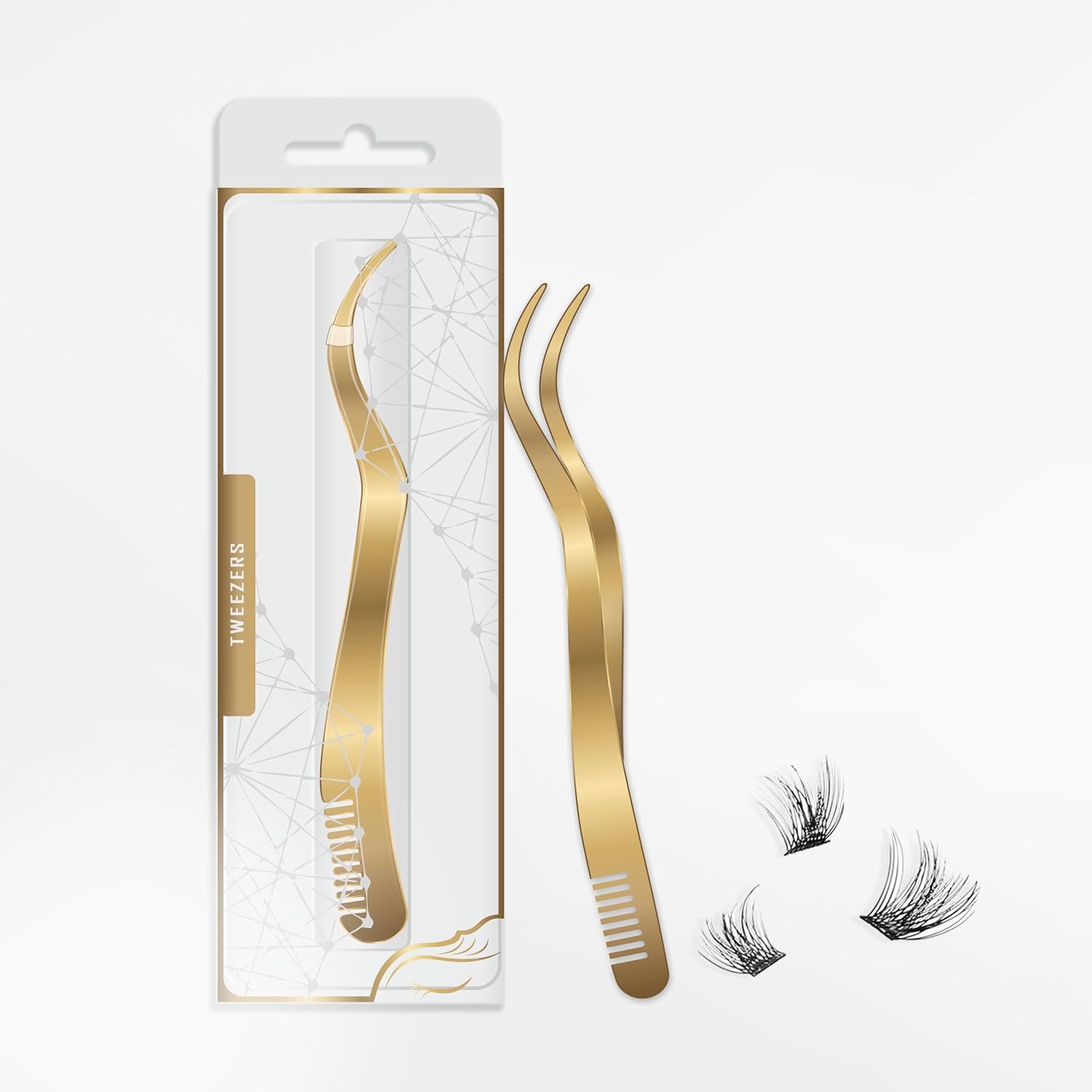 2 in 1 Lash Tweezer with Comb, Eyelash Extension, Stainless Steel Elbow Tweezers, Precise Eyebrow Tweezers Tool, Lashes Tweezer Applicator for DIY Applying False Eyelashes Clusters, Gold-FemmiqueWomen