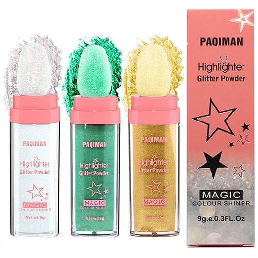 3 Colors Glitter Powder Highlighter Makeup, Body Brightens the Natural Three-Dimensional Face Blusher Fairy Highlight Patting Powder. (01#White Moonbeam/04# Green/05# Gold)-FemmiqueWomen