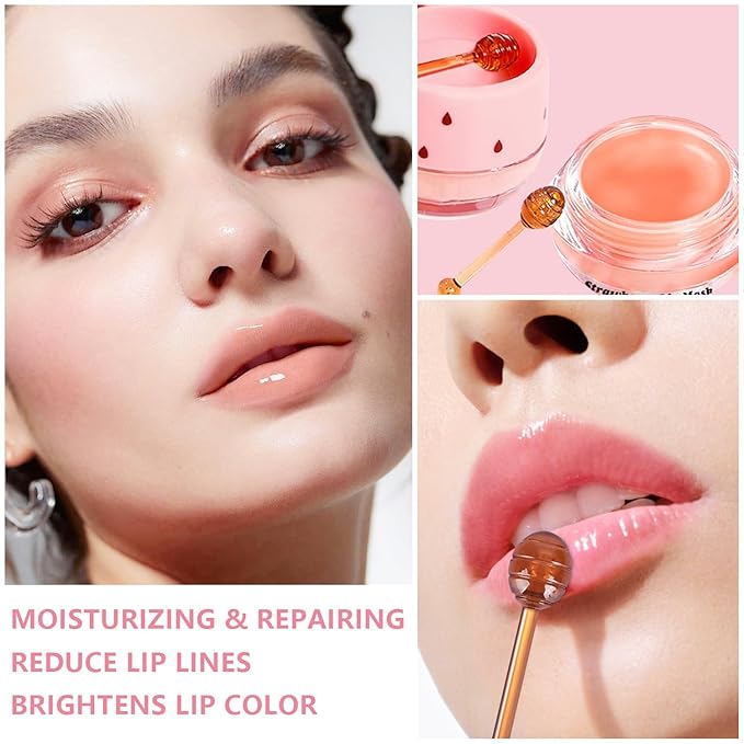 3 PCS Bee Lip Balm Honey Pot, Strawberry & Apple Lime & Coconut Lip Mask Overnight Propolis Moisturizing Lip Balm Hydrating Prevention Dry and Crack Lip Scrubs Exfoliator Lip Wrinkle Care (Set D)-FemmiqueWomen