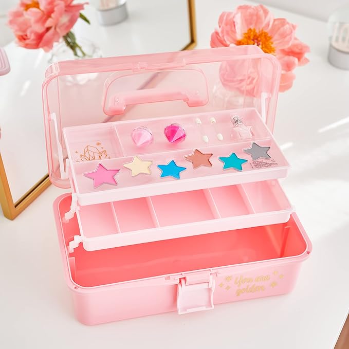 3C4G Pink and Gold Hard Case Makeup Storage Set - Kids Makeup Kit for Girls and Teens - Includes Storage Case, 5 Eyeshadows, 1 Blush, 2 Lip Glosses & 1 Nail Polish - Ages 8+ by Make It Real-FemmiqueWomen