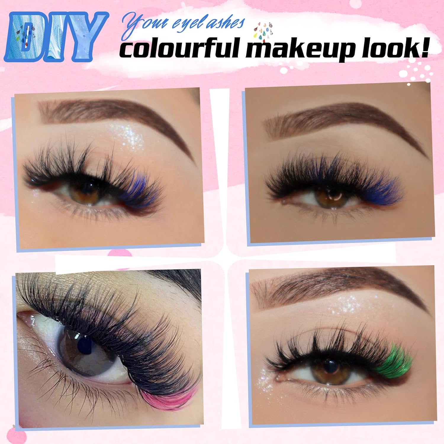 Eyelash Extension Kit Colored Lash Clusters Lash Extension Kit 6 Colors Rainbow Lash Clusters with Bond and Seal and Applicator Colorful Lash Extensions 14mm&16mm D Curl Lashes Cluster by Yaiseiko-FemmiqueWomen