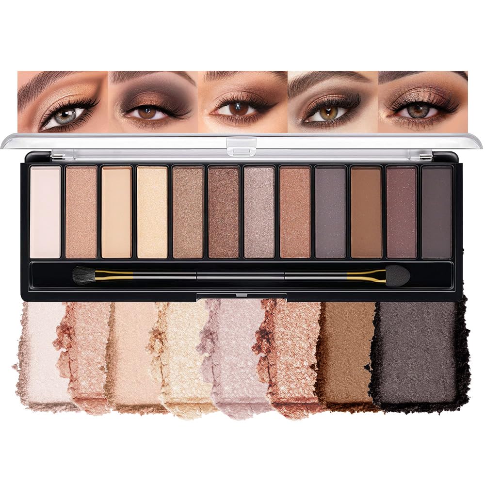 12 Colors Eyeshadow Palette – Neutral Warm Tone Matte & Glitter Eye Makeup Palette, High Pigment Waterproof Eyeshadow Kit for Women – Blendable Natural Brown, Nude, Rose Gold Shimmer Makeup 01#-FemmiqueWomen