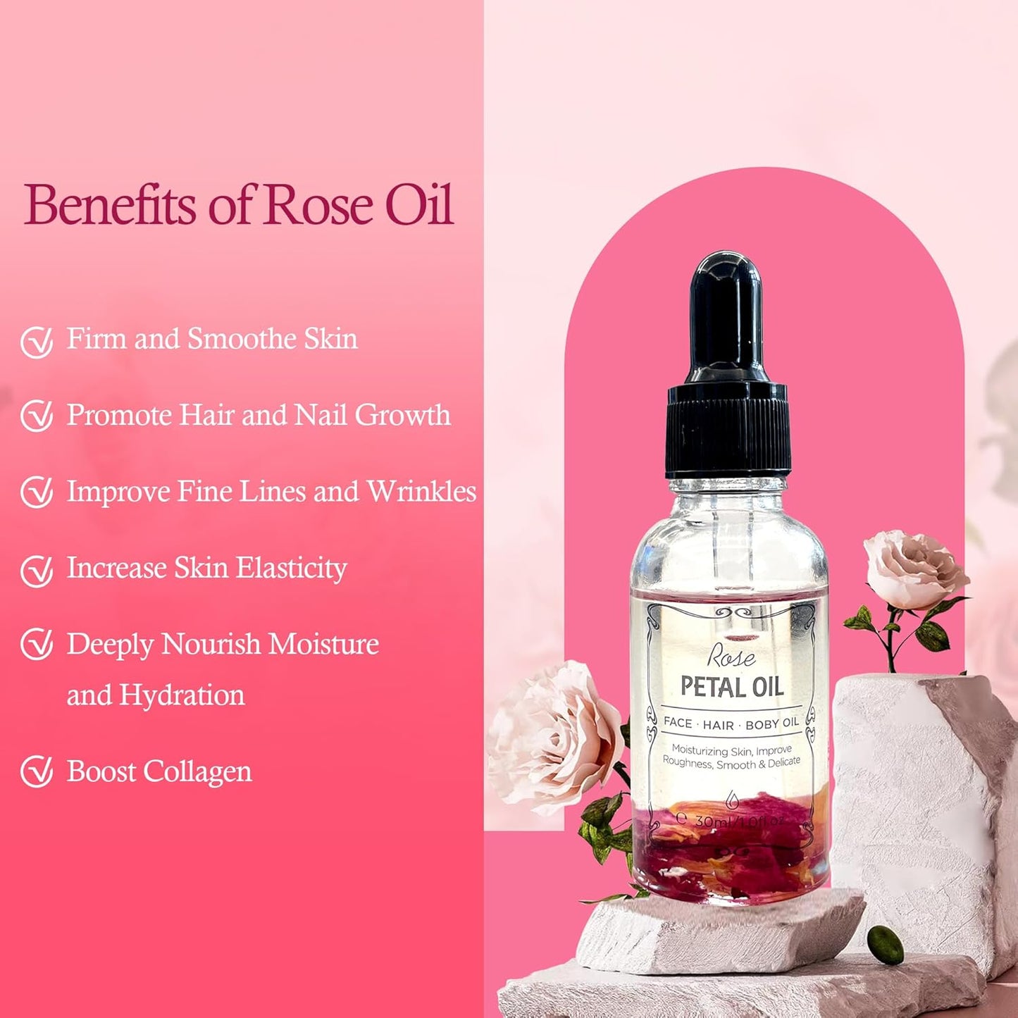 Rose Essential Oil with Flower Petal, Sunflower Seed, Olive Fruit Natural Massage Oils for Nails, Hair, Body, Face Moisturizing Skincare Oil Serum Dry Hair Strengthening Treatment All Types 30ml-FemmiqueWomen