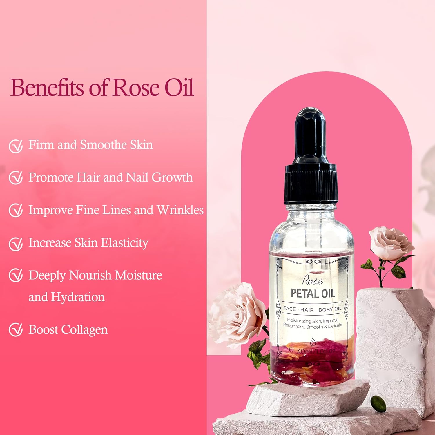 Rose Essential Oil with Flower Petal, Sunflower Seed, Olive Fruit Natural Massage Oils for Nails, Hair, Body, Face Moisturizing Skincare Oil Serum Dry Hair Strengthening Treatment All Types 30ml-FemmiqueWomen