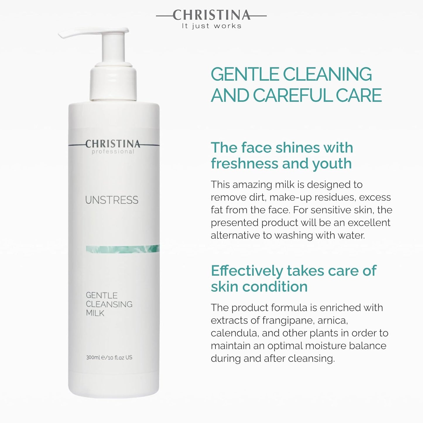 Christina - Unstress Gentle Cleansing Milk with Vitamin E | Smothing Refreshing milk Cleanser for Face | Soap-free Cleansing Milk for Face | Suitable for All Skin Types (10 fl oz.)-FemmiqueWomen
