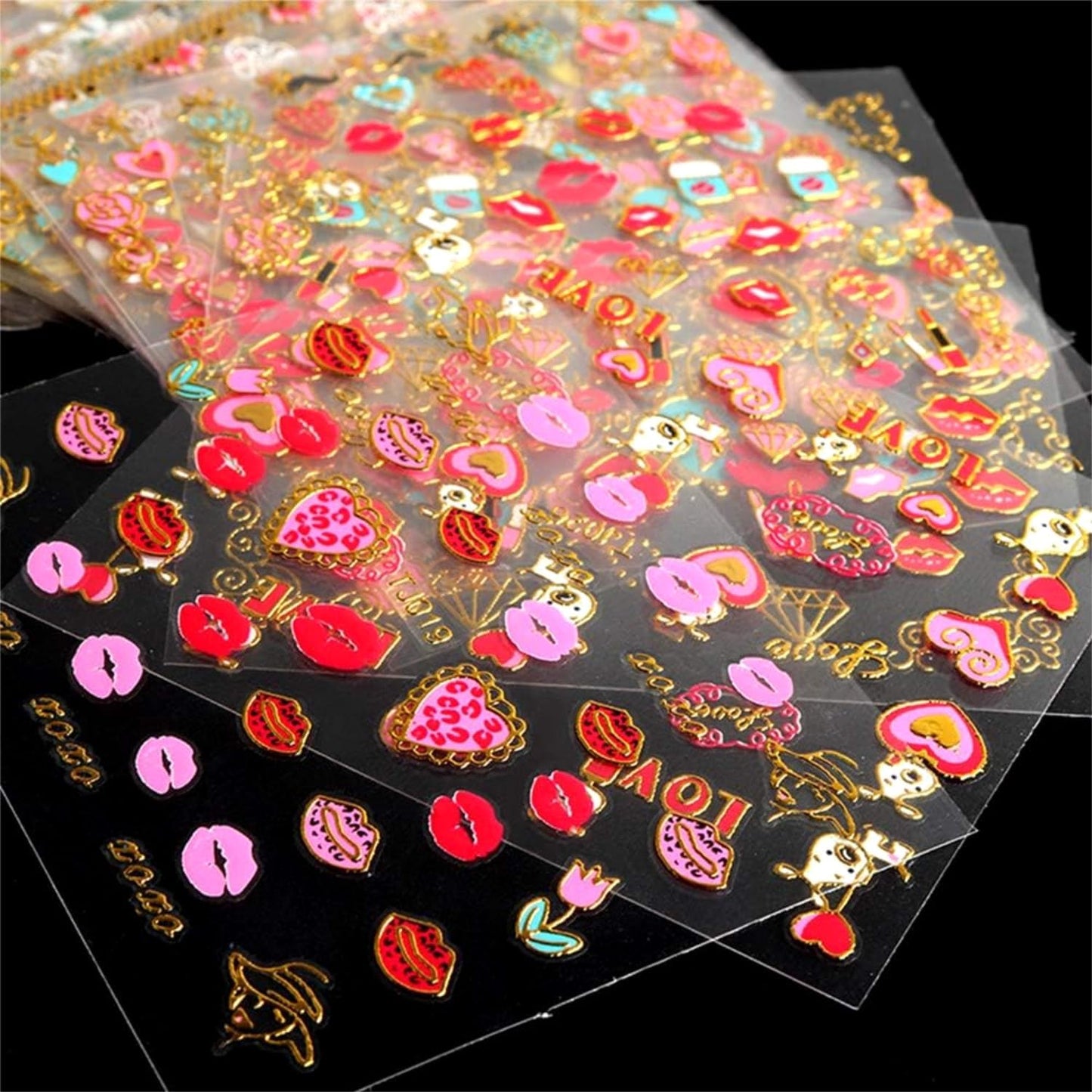 30 Sheets Valentine Nail Stickers: 3D Self-Adhesive Red Heart Designs, Rose Lip Bow, Valentine Decals & Supplies-FemmiqueWomen