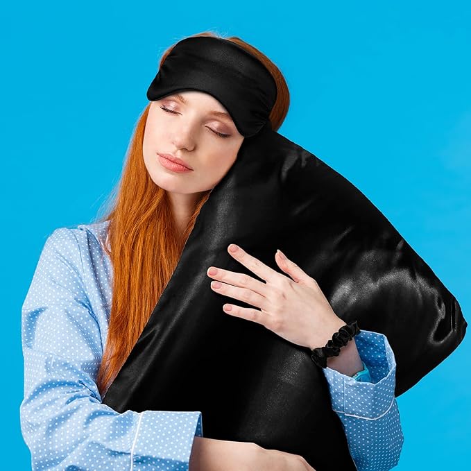 2 Pack Satin Pillowcase with Latent Zipper, Adjustable Satin Eye Mask for Sleeping and Satin Volume Scrunchie for Hair and Skin, Standard Size (Classic Style, Black)-FemmiqueWomen