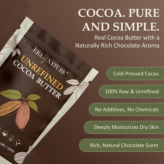Era of Nature Cocoa Butter Raw – 100% Pure & Unrefined, Cold-Pressed Cacao – For DIY Skincare & Haircare – Deep Hydration for Skin, Hair, Lips – Stretch Mark & Scar Care – Natural Chocolate Scent, 8oz-FemmiqueWomen