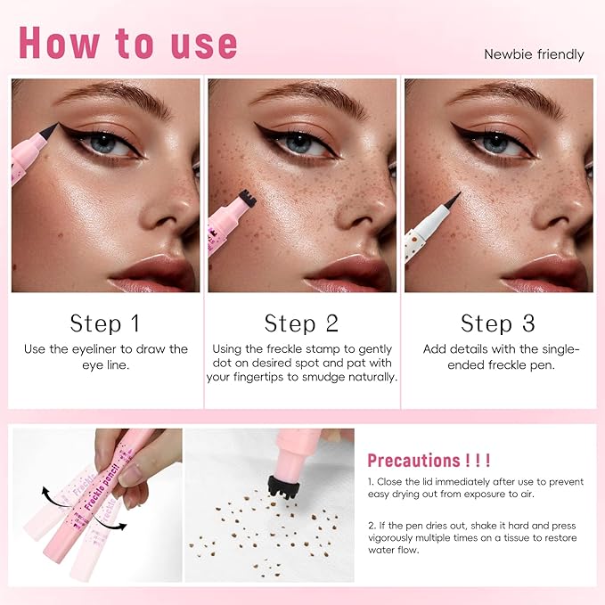2pcs Freckle Stamp Pen with Eyeliner for Natural Lifelike Faux Freckle 2 in 1 Fake Freckles Stain Marker Pen for Waterproof Long Wear Sunkiss Makeup #Light Brown&Black-FemmiqueWomen