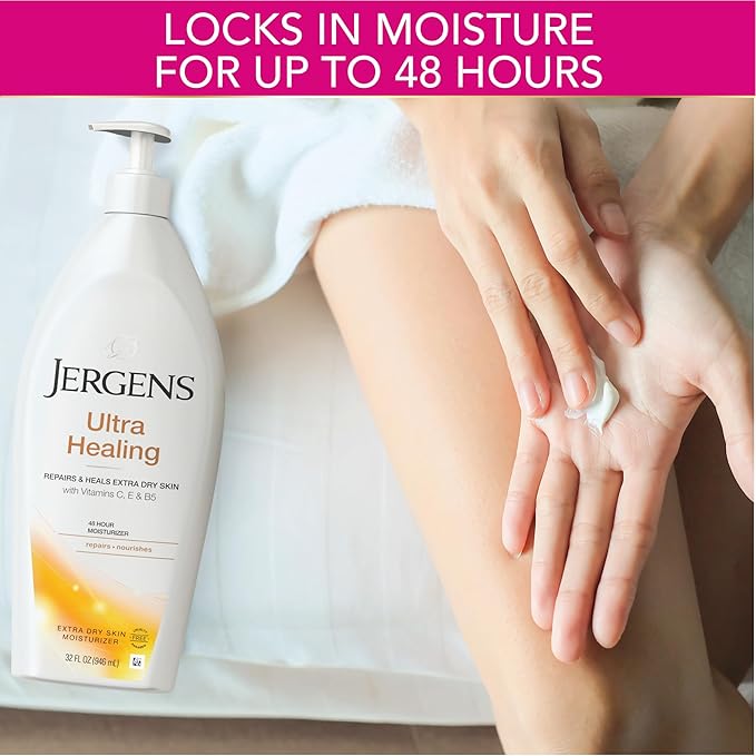 Jergens Ultra Healing Dry Skin Lotion, Hand and Body Moisturizer for Quick Absorption into Extra Dry Skin with Hydralucence Blend, Vitamins C, E and B5, White, 32oz-FemmiqueWomen