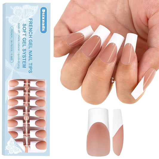 Long French Tip Press on Nails, 150pcs Soft Brown French Gel Nail Tips 15Sizes, Pre-lasting Soak Off Square Acrylic Fake Nails, No Need to File False Nail Tips Extension for Women Nail