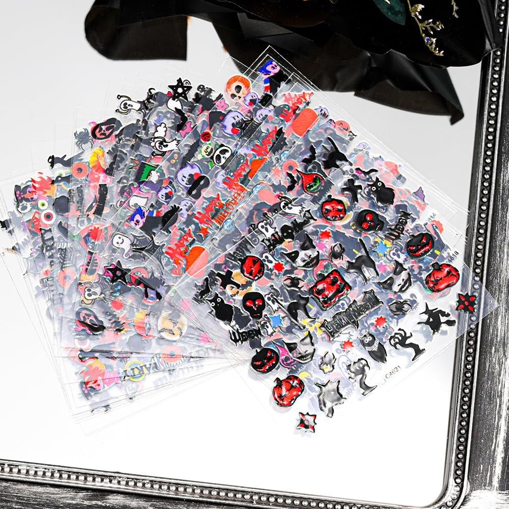 24 Sheets Halloween Nail Stickers Pumpkin Ghost Face Nail Decals 3D Self-Adhesive Nail Supplies Spider Web Cat Bat Nail Art Stickers for Acrylic Nails for Women Kids DIY Manicure Decorations-FemmiqueWomen