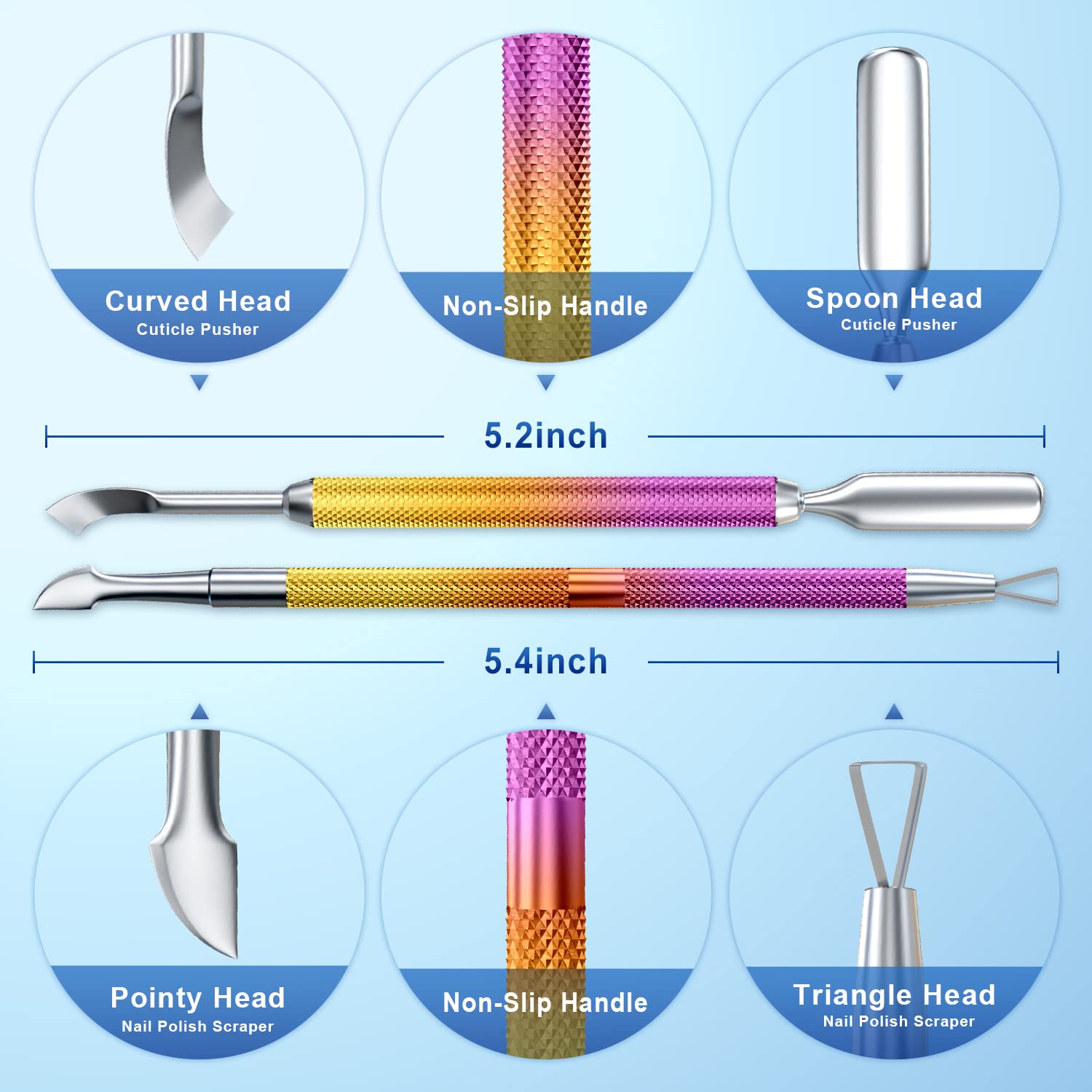 2PCS Metal Pink-Yellow Gradient Cuticle Pusher and Cutter Remover Salon Quality Stainless Steel Gel Nail Polish Peeler Scraper Durable Manicure and Pedicure Cleaner Tool For Fingernail and Toenail-FemmiqueWomen