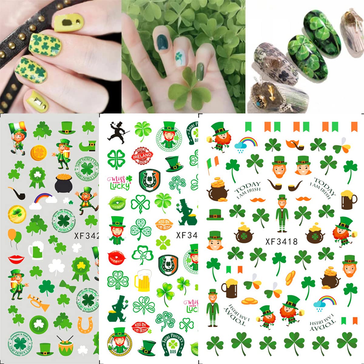 10 Pcs St. Patrick's Day Nail Art Stickers Luck of The Irish Nail Decals Shamrock Nail Stickers Green Spring Foil Decals Clover Nail Art Design Saint Patrick's Day Nail Decoration Supplies for Women-FemmiqueWomen