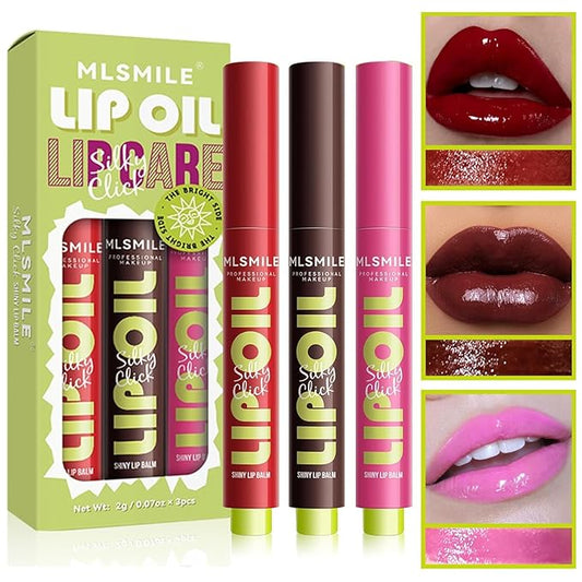 3 Colors Fat Lip Oil Click Slick, Moisturizing and Long-lasting Lip Balm, Non-stick and High Pigment Lip Glow Oil, Lightweight Lip Plumper with Coconut Oil (Set: C)-FemmiqueWomen