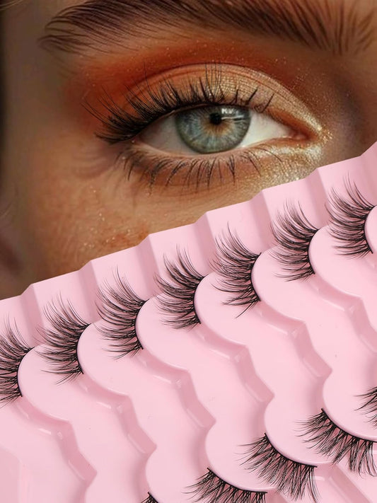 Half Lashes Cat Eye False Eyelashes Natural Look 14MM Natural Corner Lashes Wispy Half Eyelashes 3/4 Lash with Thin Cotton Band C Curl Soft Eyelash Siligli 7 Pair-FemmiqueWomen