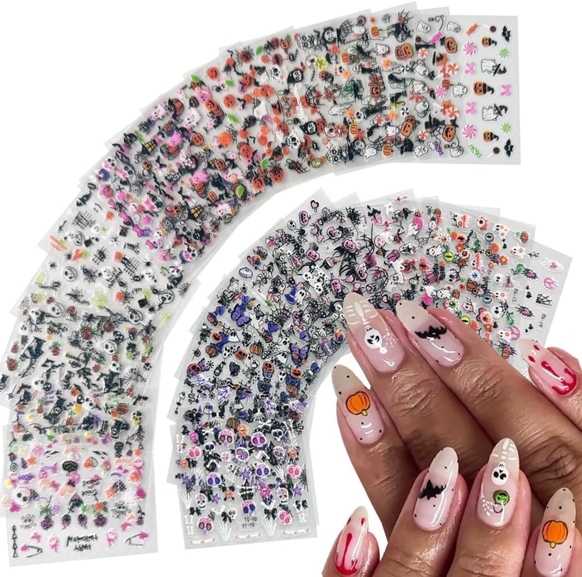 30 Sheet Halloween Nail Art Stickers Decals Cute Ghost Pumpkin Design Spider Web Scary Eyes Acrylic Nails Supplies for Women Manicure Decorations-FemmiqueWomen