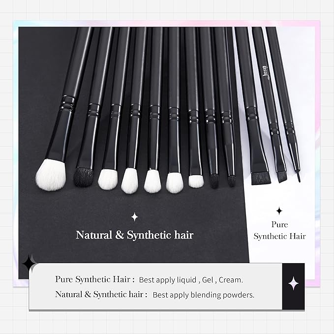 Jessup Eyeshadow Brush Set 12pcs Black Eye Makeup Brushes Set Professional with Natural Synthetic Hair for Eyebrow Eyelash Eyeliner Spoolie Blending, T322-FemmiqueWomen