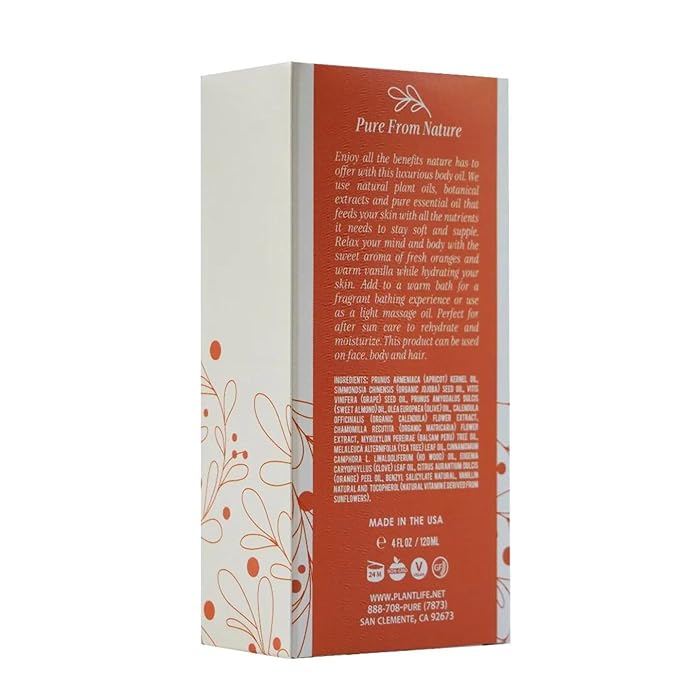 Plantlife Vanilla Orange Body Oil - Formulated for Soft and Silky Skin Using Rich Plant Oils That Absorb and Leave a Light Aroma on the Skin - Made in California 4 oz-FemmiqueWomen