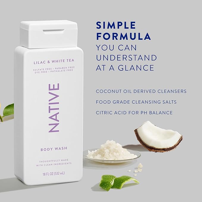 Native Body Wash Contains Naturally Derived Ingredients | For Women & Men, Sulfate, Paraben, & Dye Free Leaving Skin Soft and Hydrating | Lilac & White Tea 18 oz - 2 Pk-FemmiqueWomen