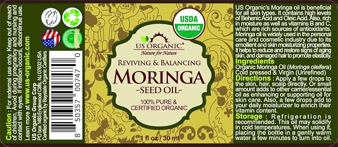 US Organic Moringa Oil, USDA Certified 100% Pure, Cold Pressed & Unrefined Non GMO, Vegan Oil, Natural Moisturizer for Skin, Face, Body, Hair, Good for Hair Growth, Fine Lines, Wrinkles (1 oz (30 ml))-FemmiqueWomen