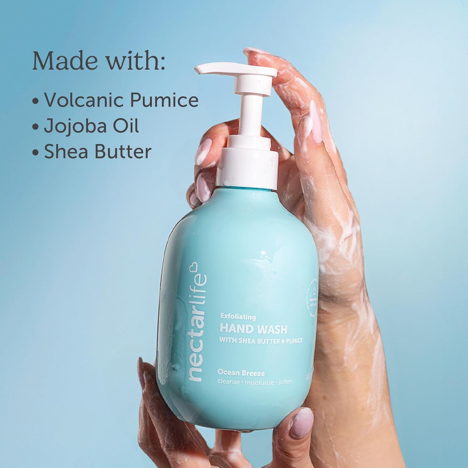Nectar Life Exfoliating & Moisturizing Hand Wash, Volcanic Pumice for Hand Scrub, Shea Butter Softens Hands, Clean Vegan Ingredients. Ocean Breeze Scent-FemmiqueWomen