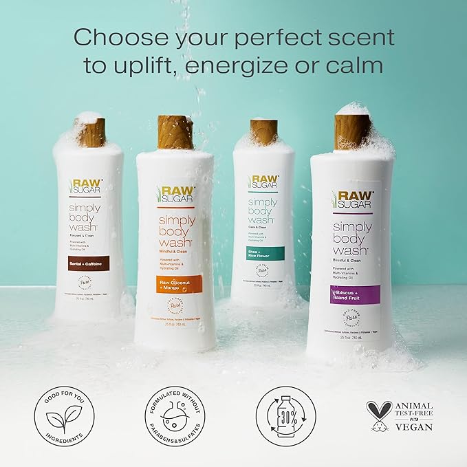 RAW SUGAR Simply Body Wash - Pineapple + Maqui Berry + Coconut, Moisturizing & Brightening Bath & Shower Gel, Sulfate-Free, Paraben-Free & Vegan (Pack of 3)-FemmiqueWomen