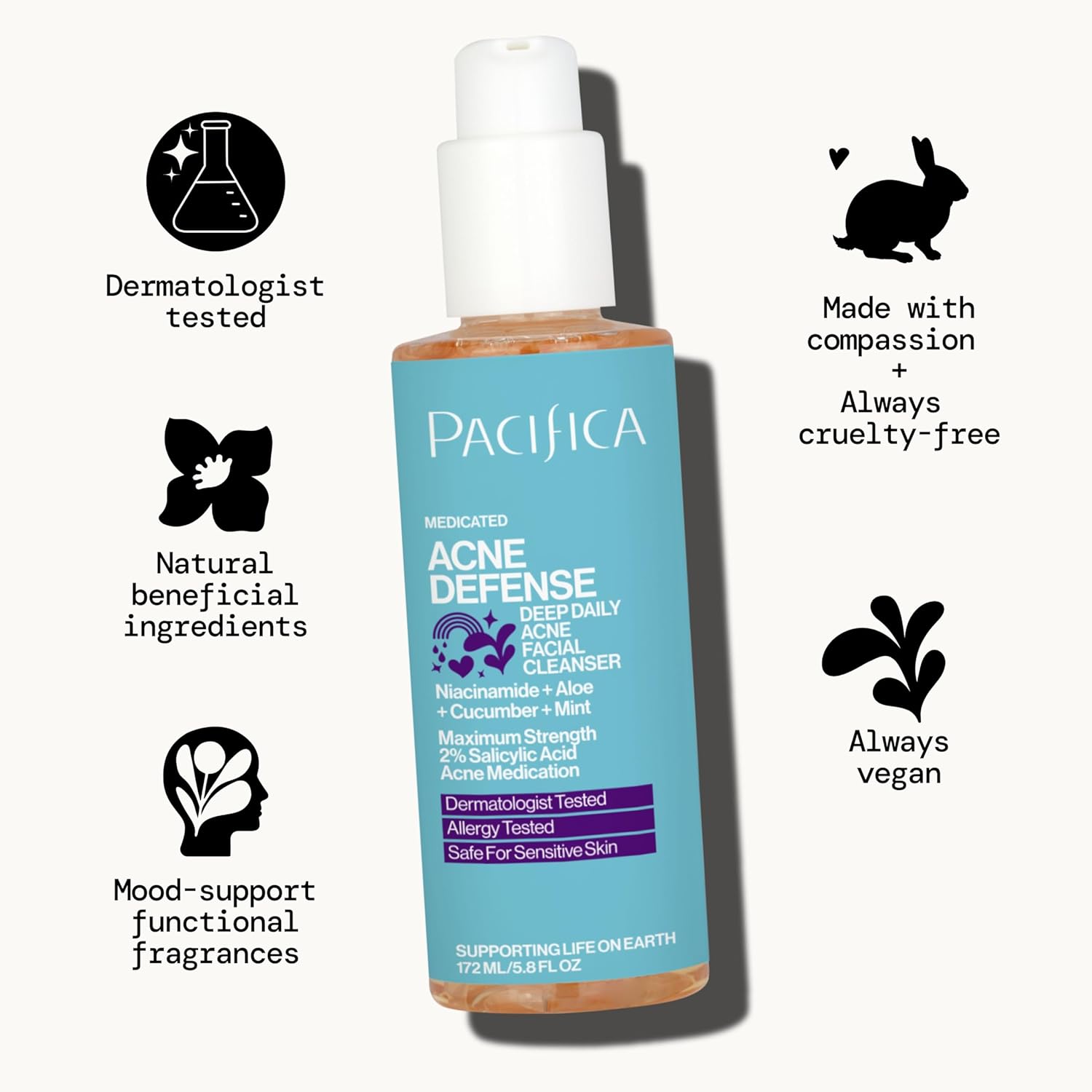 Pacifica Acne Defense Face Wash - Deep Pore Purifying Face Cleanser - w/ 2% Salicylic Acid, Pore Reducing Niacinamide & Inflammation Reducing Cucumber - for Sensitive Skin Vegan Dermatologist Tested-FemmiqueWomen