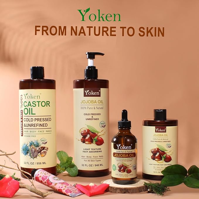 Yoken Jojoba Oil 4 fl oz EWG Verified 100% Pure Jojoba Oil Cold Pressed for Skin, Hair, Nails, Cuticles - Unrefined & Hexane Free, Natural Moisturizer Carrier oils Facial Serum for Gua Sha-FemmiqueWomen