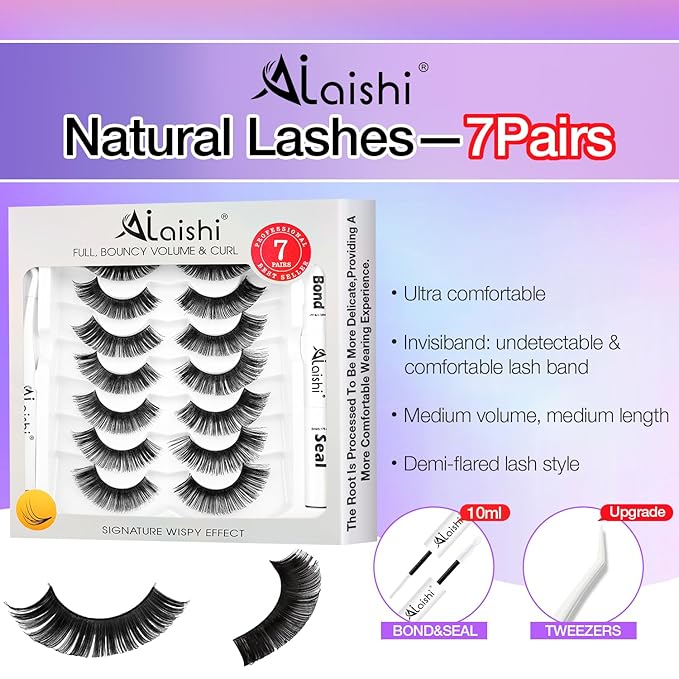 Fluffy False Eyelashes Kit With Bond, Seal and Tweezer, 7 Pairs Natural Look Fake Cat Eye Lashes Strips Thin Band Extensions Waterproof Easy Eyelashes for Beginners DF100-FemmiqueWomen