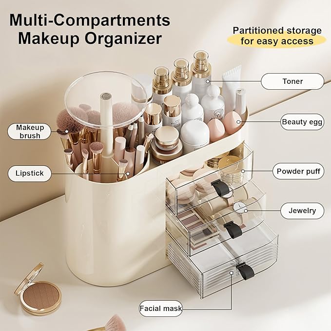 DASITON Makeup Organizer with 3 Drawers,Automatic Lifting Makeup Brush Holder with Lid,Large Capacity Makeup Organizers for Vanity,Bathroom Countertop,Ideal Storage Skin Care,Brushes,Lipstick (Cream)-FemmiqueWomen