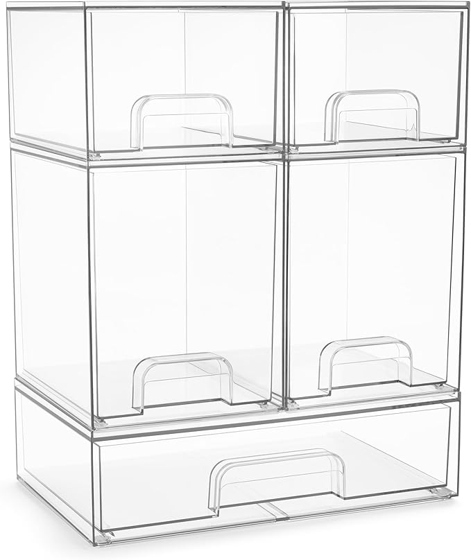 Sorbus Acrylic Storage Containers - 5 Pack, Stackable Storage Bins Set for Bathroom Organization - Clear Acrylic Drawer Organizers - Makeup Case Pull-Out Drawers (7.6’’ and 4.4’’ Tall and 12.1’’ Wide)-FemmiqueWomen