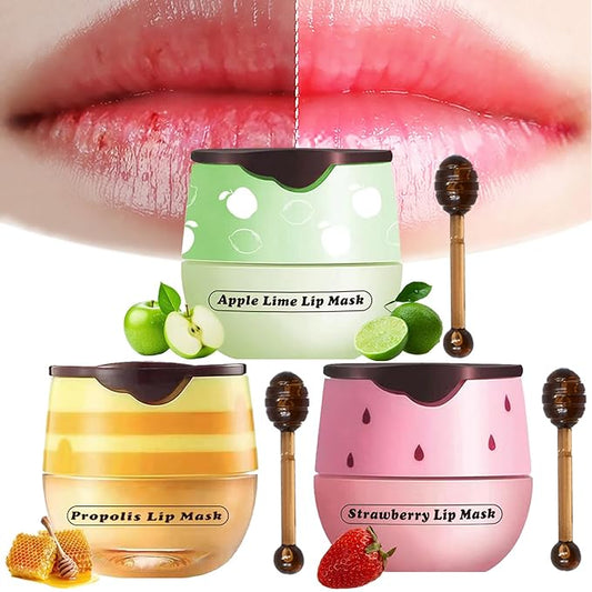 3PCS Lip Balm Honey Pot, Honey Pot Lip Balm for Dry Cracked Lips, Strawberry Lip Balm Scrubs Exfoliator & Moisturizer, Hydrating Lip Balm Honey Pot with Wand, Lip Sleeping Mask (3pcs)-FemmiqueWomen