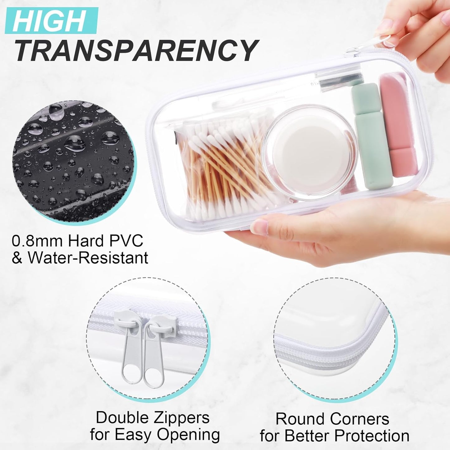 Hoolerry 3 Pcs Clear Hard Zipper Case Plastic Pouch Transparent Hard Case Clear Makeup Bag Portable Travel Organizer Bin for Cosmetics, Building Blocks, Puzzles(White,S)-FemmiqueWomen