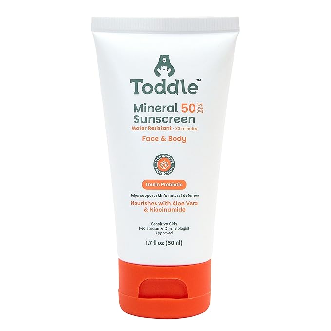 Prebiotic Mineral Sunscreen SPF 50 for Kids & Baby, Face & Body Sun Protection, Reef Safe, Non-Toxic Zinc Oxide Broad Spectrum, Water-Resistant, No White Cast, Travel Size 1.7oz-FemmiqueWomen