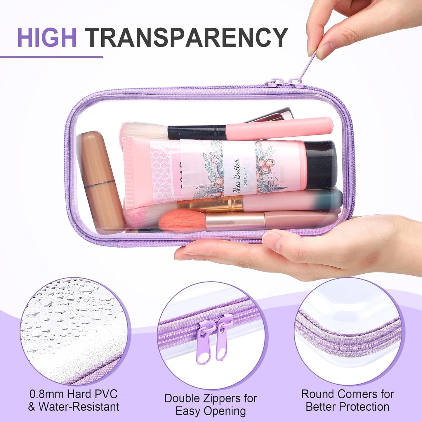 Hoolerry 4 Pcs Hard Clear Zipper Case Makeup Bags Plastic Pencil Pouch Transparent Storage Box Containers for Cosmetics, Snacks, Building Blocks, Puzzles(Purple,7.5 x 3.9 x 2 in)-FemmiqueWomen
