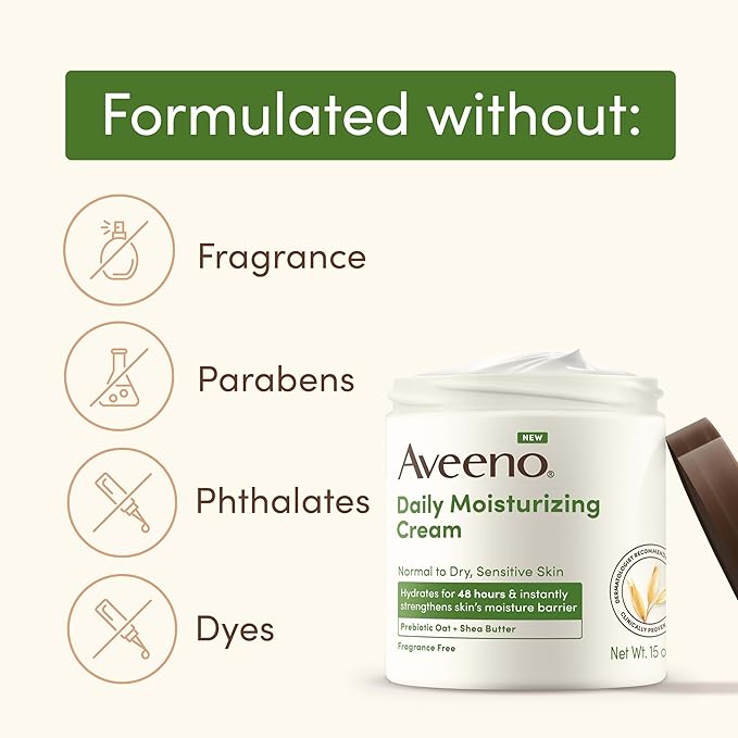 Aveeno Daily Moisturizing Cream with Prebiotic Oat & Shea Butter for Body, Face & Hands Moisturizer Cream, Hydrates Normal to Dry, Sensitive Skin, Fragrance Free, Non-Comedogenic, 20 oz-FemmiqueWomen