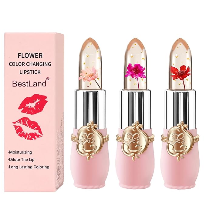3 Pcs/Set Flower Jelly Lipstick Set Temperature Change Moisturizer Long Lasting Nutritious Balm Magic Color Change Lip Gloss (3Pcs Flower Jelly Lipstick 010203)-FemmiqueWomen