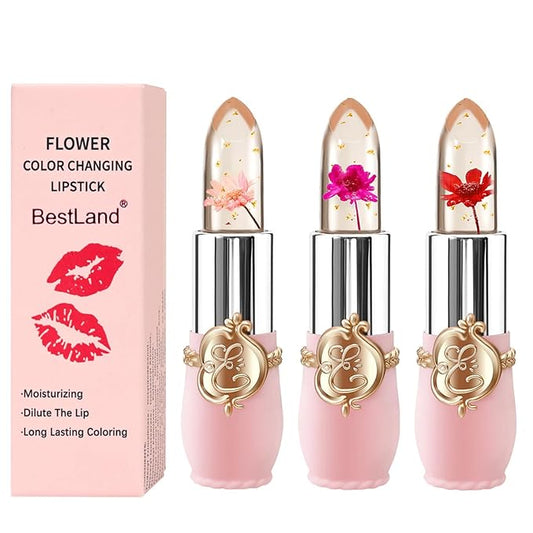 3 Pcs/Set Flower Jelly Lipstick Set Temperature Change Moisturizer Long Lasting Nutritious Balm Magic Color Change Lip Gloss (3Pcs Flower Jelly Lipstick 010203)-FemmiqueWomen