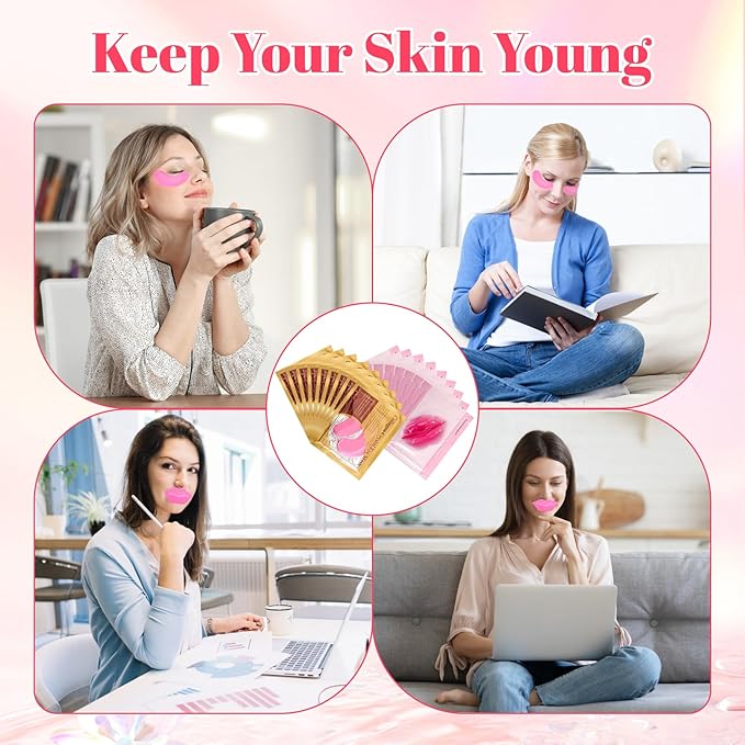 30 Pads Lip Masks & Eye Masks,Under Eye Mask Skincare,Crystal Collagen Lip Mask Sheet,Under Eye Patches for Puffy Eyes and Dark Circles,Moisturizing,Anti-Aging,Reducing Fine Lines,Pink-FemmiqueWomen