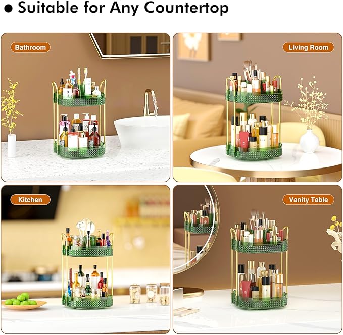 Awenia Rotating Makeup Organizer 360, Stackable Adjustable Large Capacity Cosmetic Storage Unit,Dresser Bathroom Kitchen Countertop Organizer with Metal Handle, Plus Size (Gem Green, 2 Tier)-FemmiqueWomen