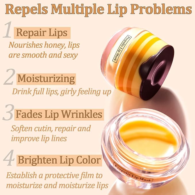 2 PCS Bee Lip Balm Lip Mask Honey Pot Honey Lip Mask Propolis Moisturizing Lip Balm with Stick - Hydrating Prevention Dry and Cracked Lip Scrubs Exfoliato Lip Wrinkle Skin Care Products-FemmiqueWomen
