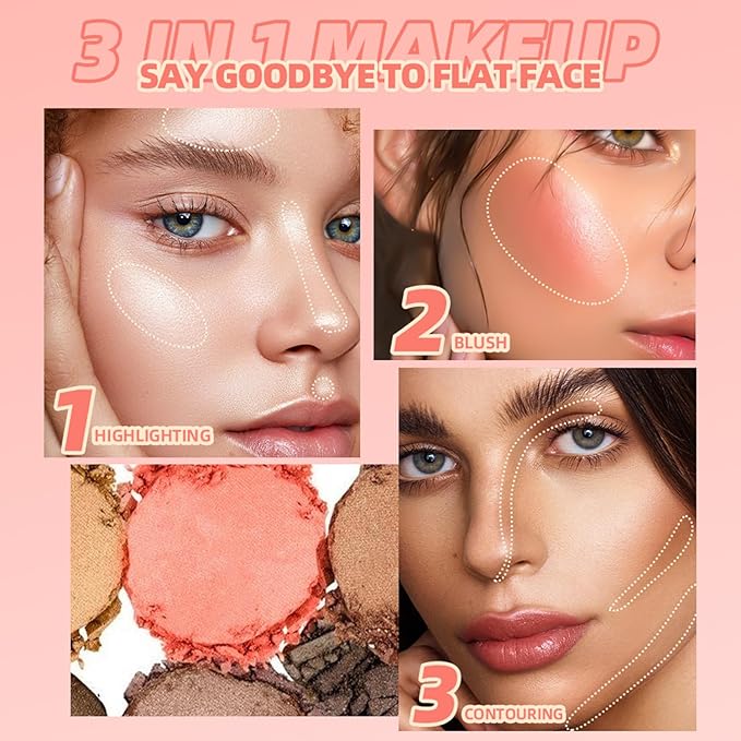 3 in 1 Highlighter Contour Blush Makeup Palette, 3 Colors Matte Shimmer Brighten Highlighting Bronzing Blusher Eyeshadow Pallet, Long Lasting Full Face Eyes Contouring Shaping Makeup kit with Mirror-FemmiqueWomen