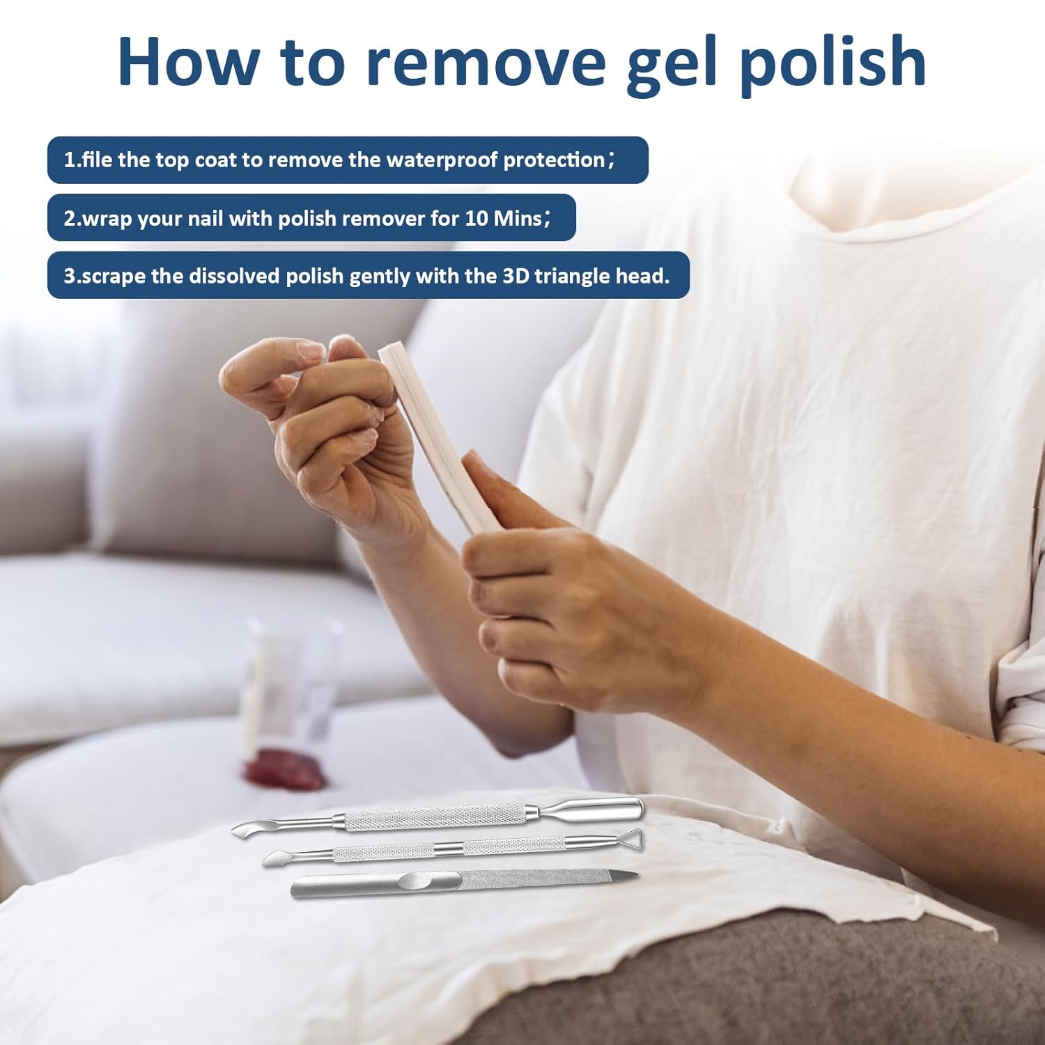 3PCS Cuticle Pusher and Gel Polish Remover Set with Nail Files, Salon Quality Metal Acetone Gel Nail Polish Peeler Scraper Durable Professional Manicure Pedicure Cleaner Tool For Fingernail Toenail-FemmiqueWomen