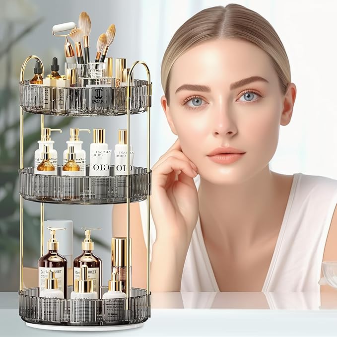 360° Rotating Makeup Organizer, Large-Capacity Skincare Make Up Storage 3 Tier Perfume Organizers Cosmetic Dresser Organizer with Makeup Brush Holder, Fits Bedroom, Bathroom, Vanity Shelf Countertop-FemmiqueWomen