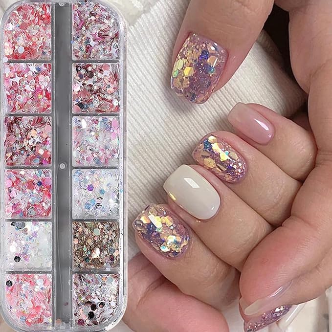 12 Grids Star Nail Art Glitter Sequins Heart Shaped Mermaid Nail Sequins Holographic Mermaid Nail Flakes Sticker Sequin Heart Nail Art Glitter for Women DIY Acrylic Nail Decoration-FemmiqueWomen
