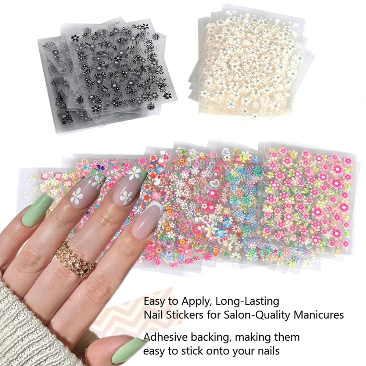 30 Sheets 3D Self-Adhesive Flower Nail Stickers - Black, White, Colorful Cherry Blossoms, Daisy Art for Gel Nails - Spring Design Supplies, DIY Charms Decoration for Women-FemmiqueWomen