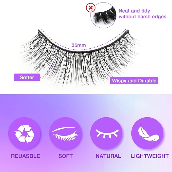 Wispy False Eyelashes Kit With Bond, Seal and Tweezer, 7 Pairs Natural Look Fake Cat Eye Lashes Strips Thin Band Extensions Waterproof Easy Eyelashes for Beginners RQ46-FemmiqueWomen