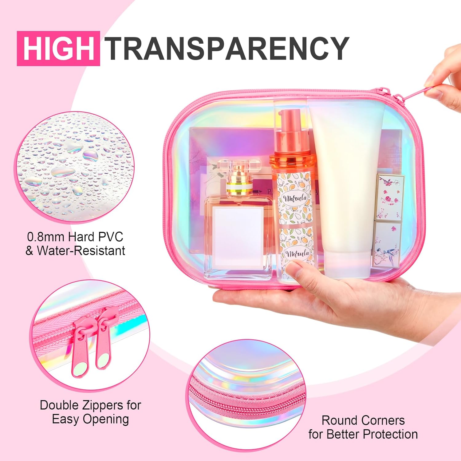 Sanwuta 6 Pcs Clear Hard Zipper Case Pencil Pouches Hard Plastic Zipper Pouches Makeup Bag Transparent Cases for Snacks Plastic Storage Organizer Box for Travel(Holographic,7.87 x 5.9 x 2 Inch)-FemmiqueWomen